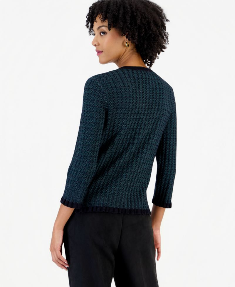 Petite Two-Tone Stitch Crew Neck 3/4 Sleeve Cardigan
