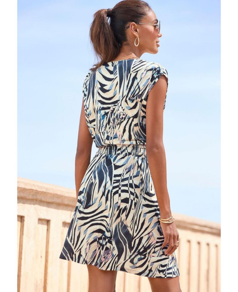 Women's Viscose Printed Smocked Waist A-Line V-Neck Short Dress