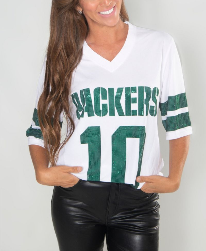 Women's Cuce Jordan Love White Green Bay Packers Crystal V-Neck Tunic