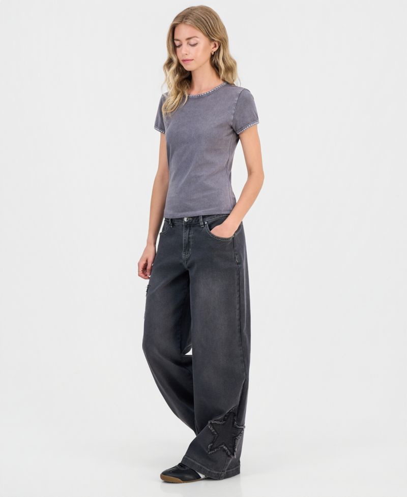 Juniors' Star Patch High Rise Wide Leg Jeans