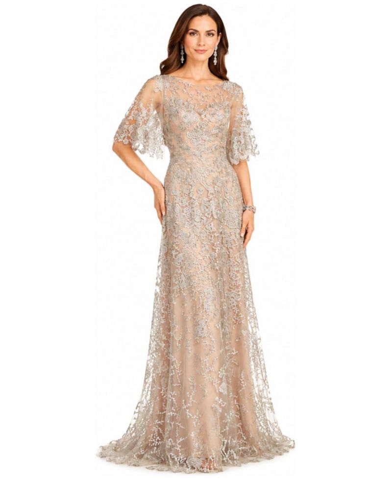 Women's Cape-Sleeve A-Line Pearl-and-Rhinestone Gown