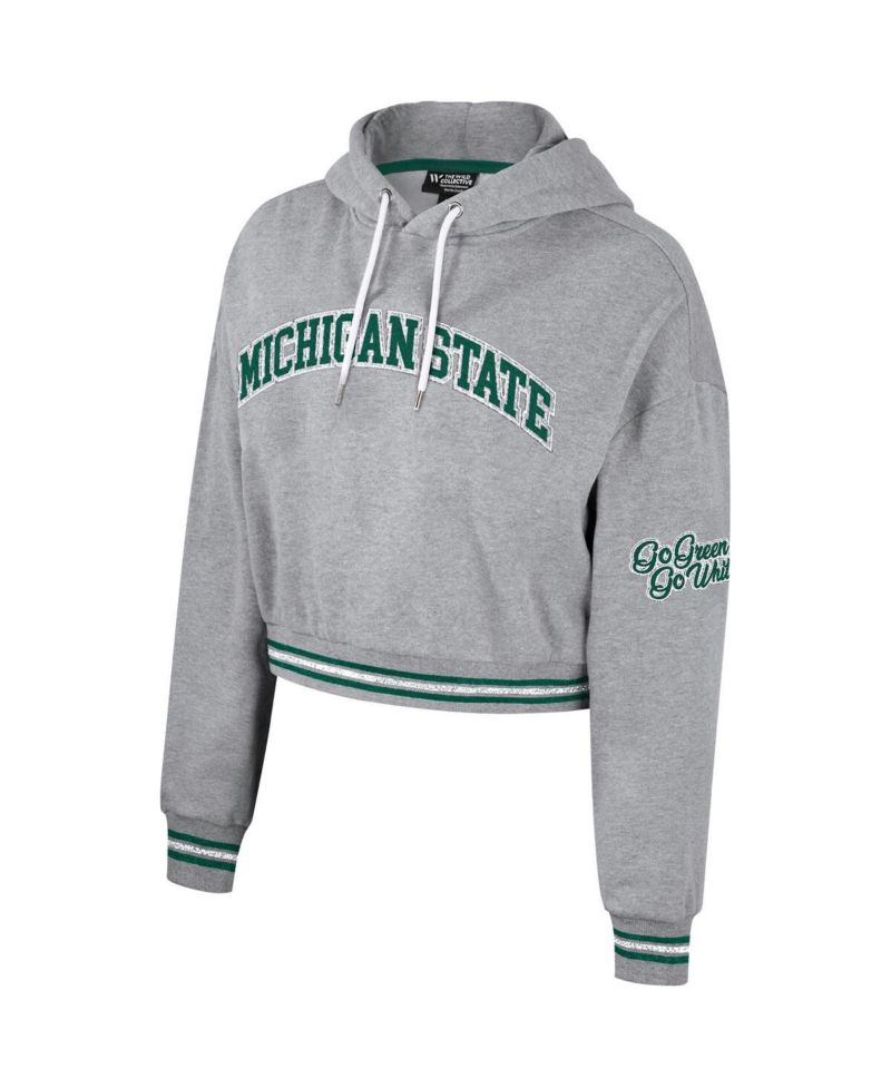 Women's Heather Gray Distressed Michigan State Spartans Cropped Shimmer Pullover Hoodie