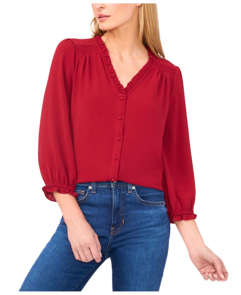 Women's Ruffled Button-Front 3/4-Sleeve Blouse