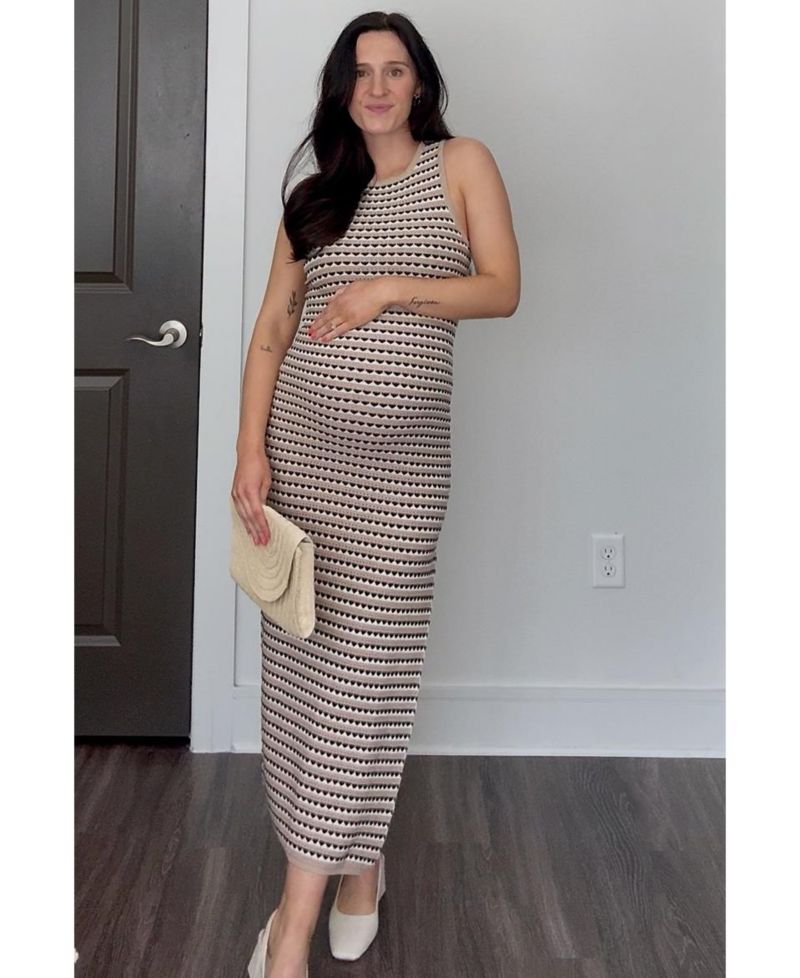 Women's Beige Striped Knit Fitted Sleeveless Maxi Dress