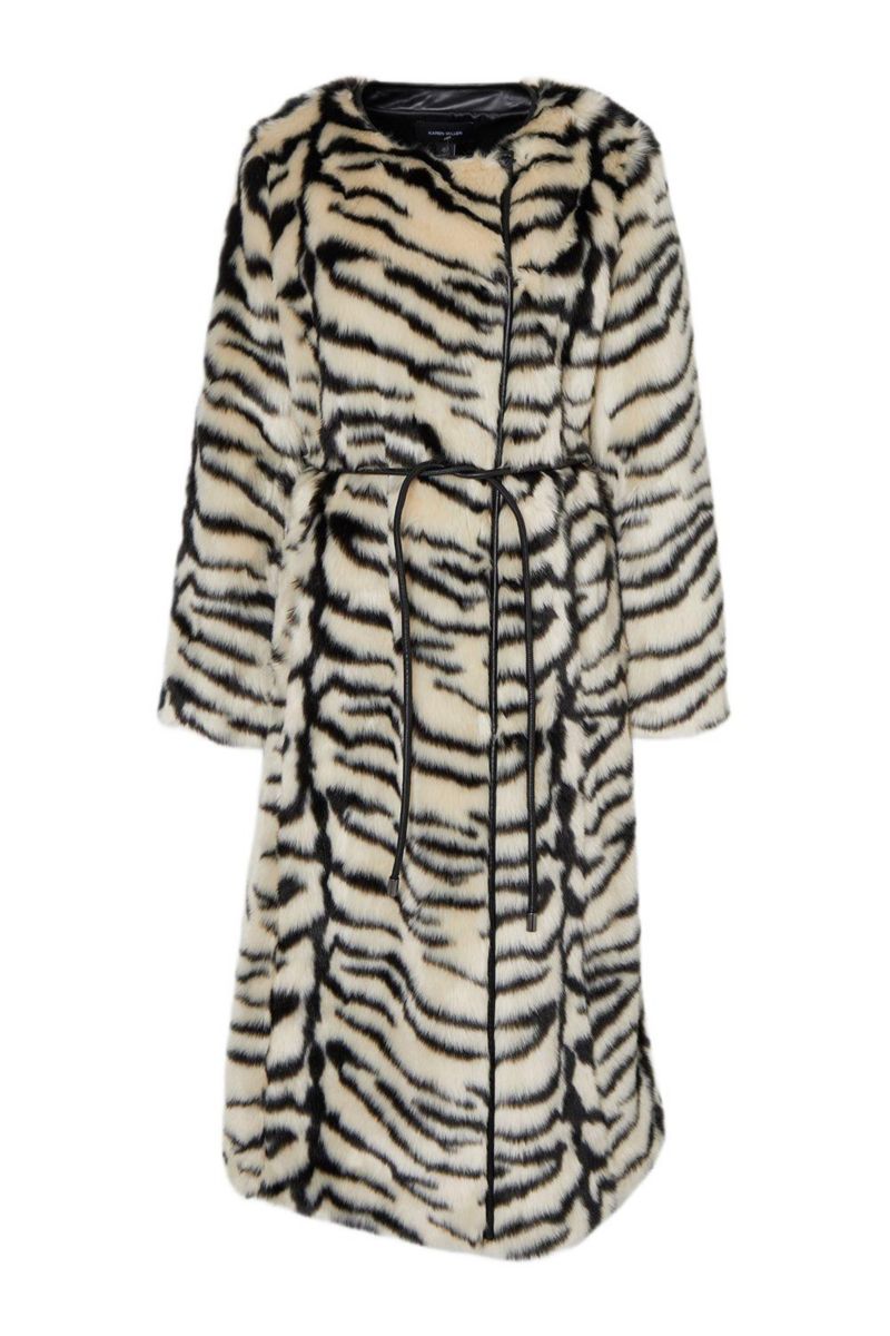 Women's Faux Fur Collarless Tie Belted Midi Coat