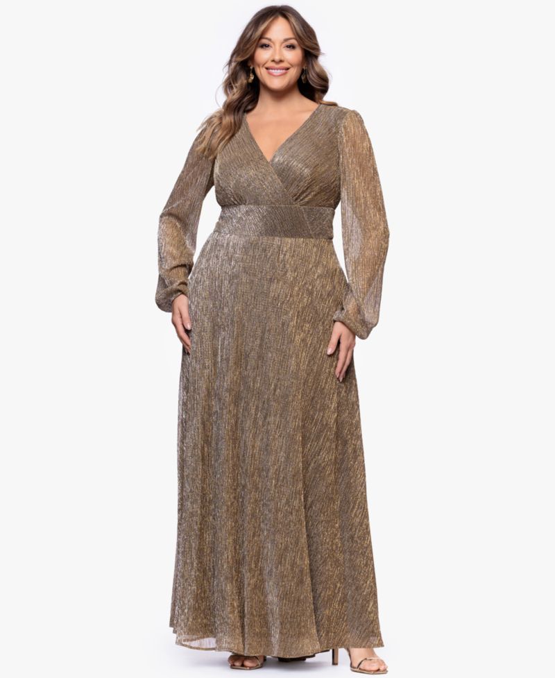 Plus Metallic V-Neck Long-Sleeve Gown
