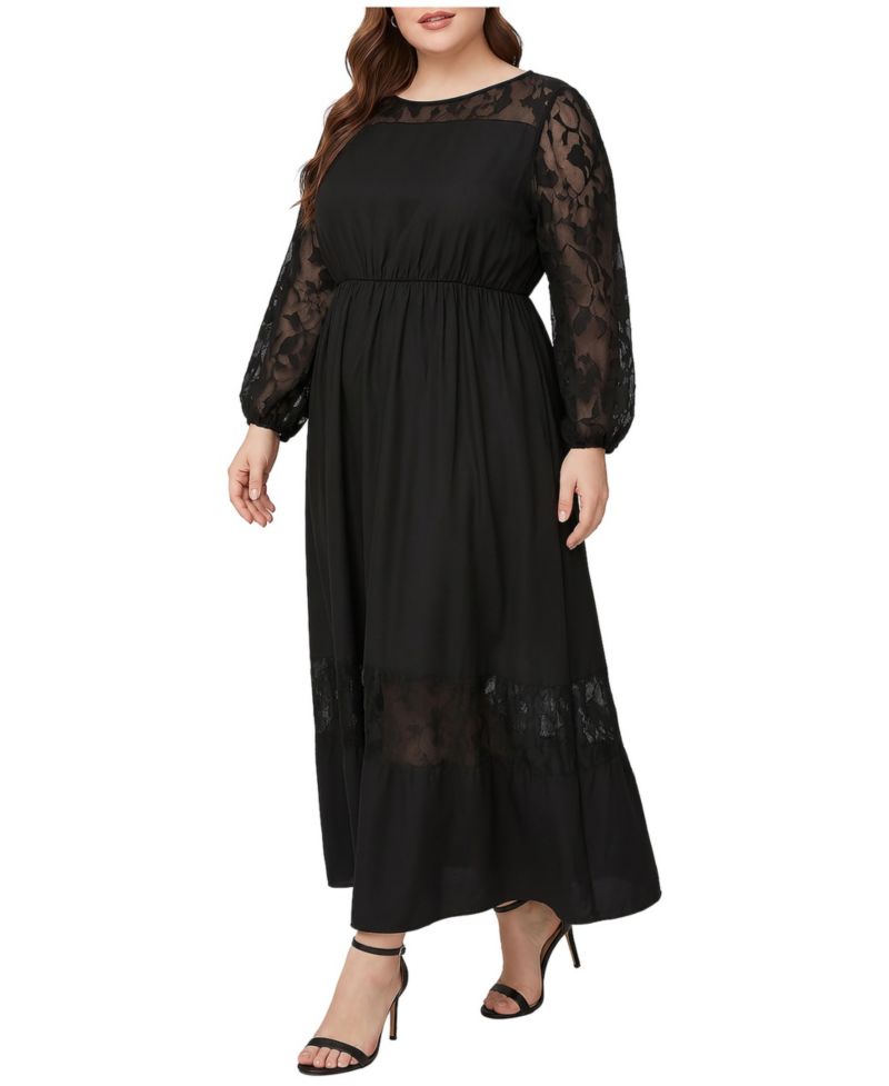 Plus Size Lace Trim Long Sleeve Maxi Dress