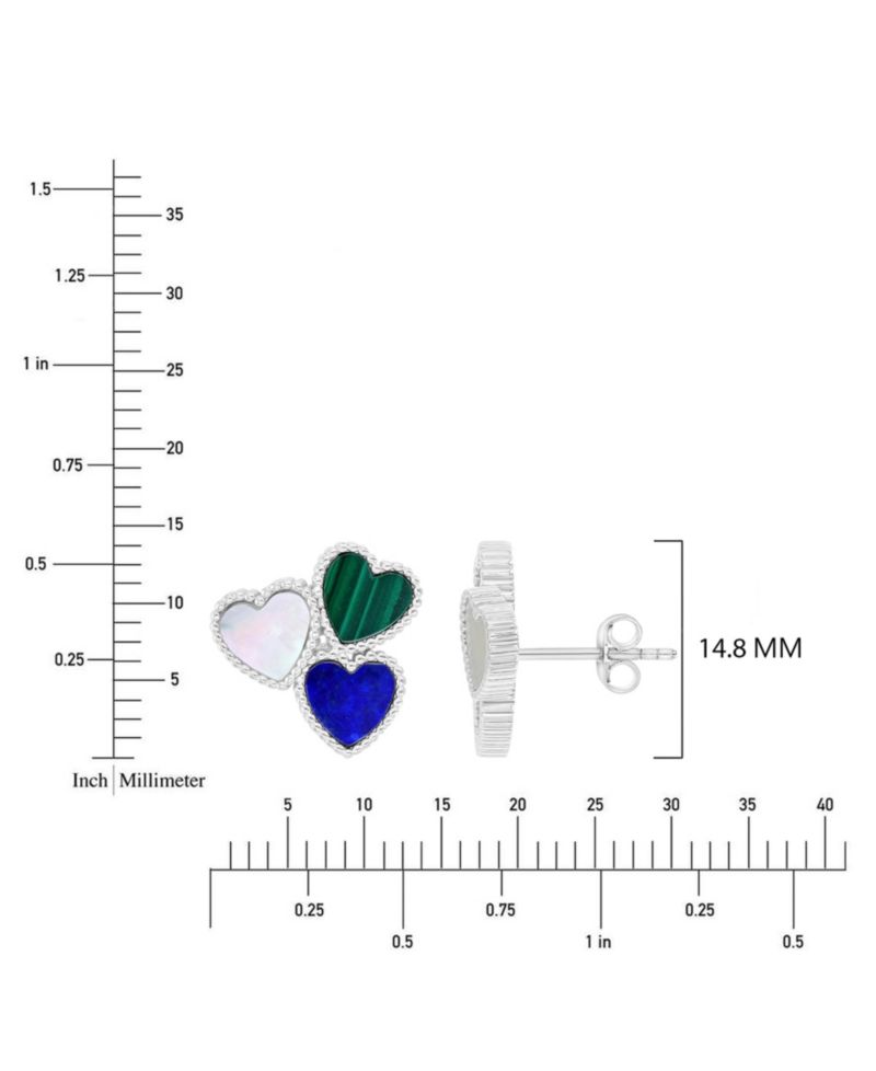 Mother of Pearl, Malachite and Lapis Tri-Heart Stud Earrings in Rhodium Over Sterling Silver