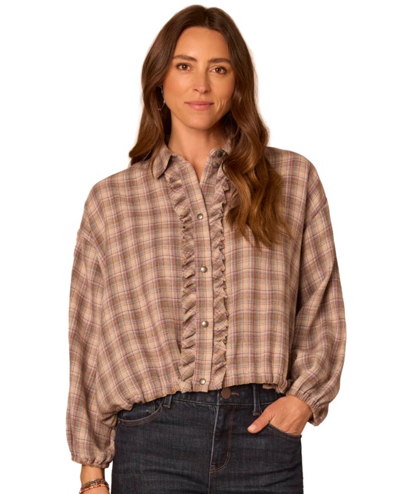 Petite Plaid Ruffle-Front Bubble-Hem Woven Blouse
