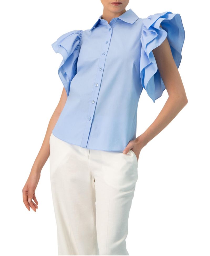 Women's Solid Shirt with Ruffled Sleeves