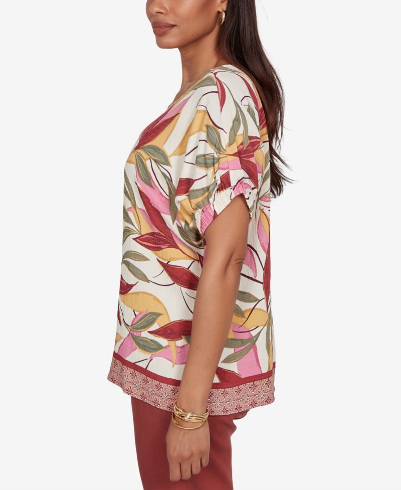 Petite Textured Leaf Print Short-Sleeve Top
