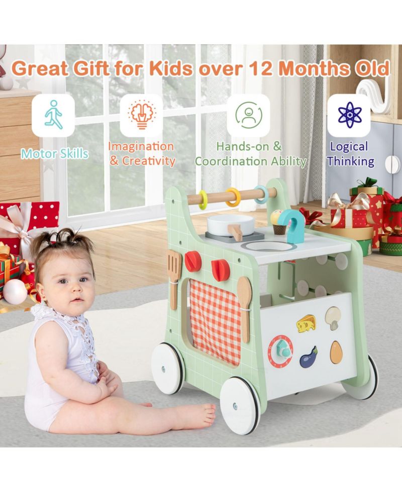 6-in-1 Baby Push Walker Wooden Strollers Activity Center Toy with