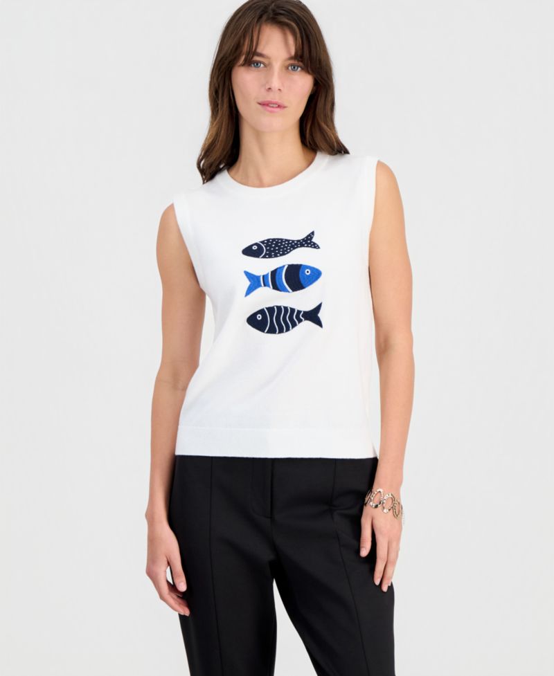 Women's Fish-Embroidery Sleeveless Crewneck Top