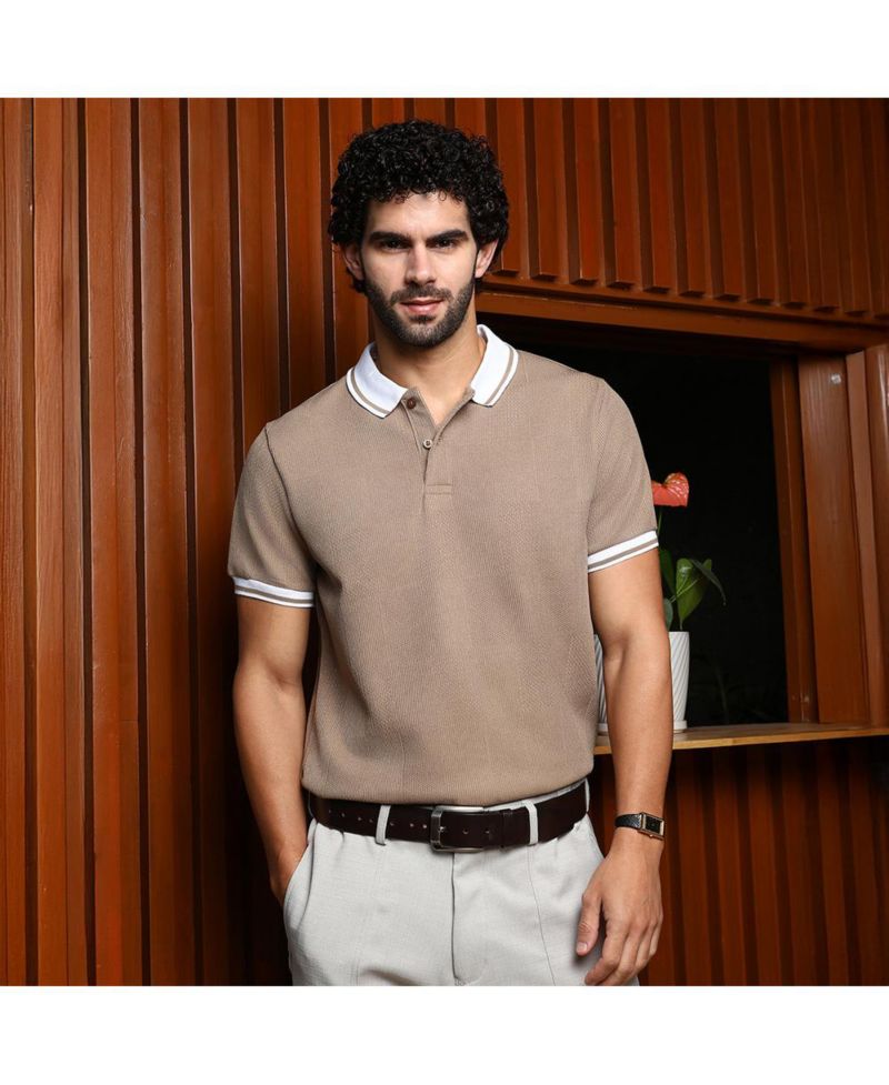 Men's Sand Beige Cuboid-Stripe Polo T-Shirt