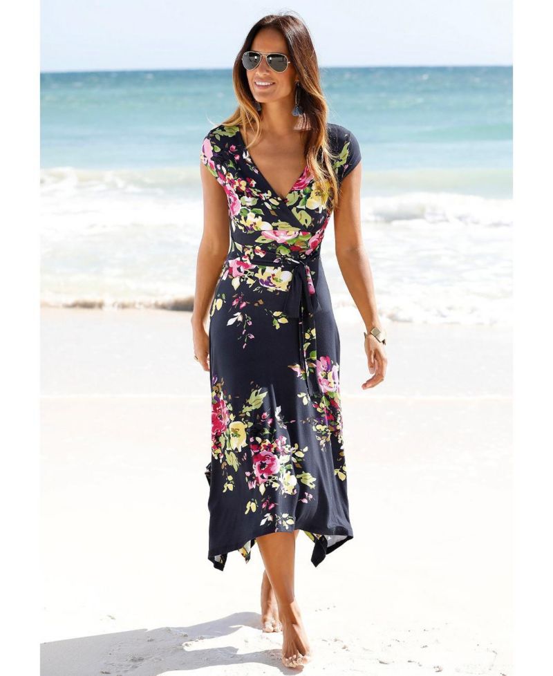 Women's Viscose Printed Handkerchief Hem Style V-Neck Midi Dress