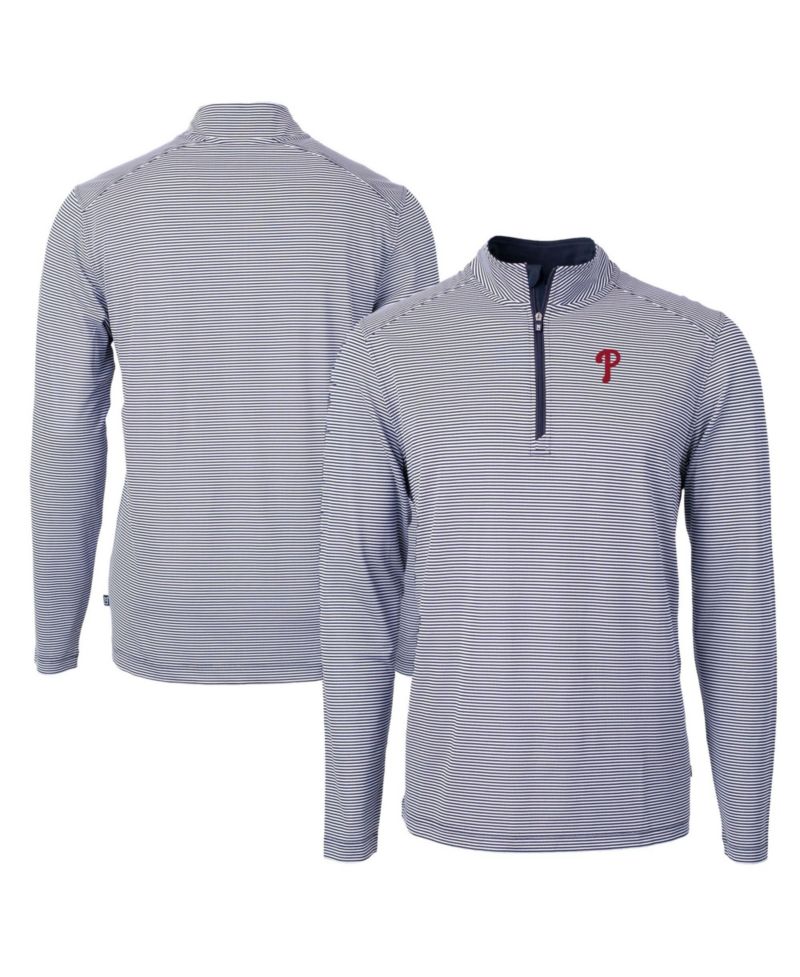 Cutter Buck Men's Navy/White Philadelphia Phillies Virtue Eco Pique Micro Stripe Quarter-Zip Pullover Sweatshirt