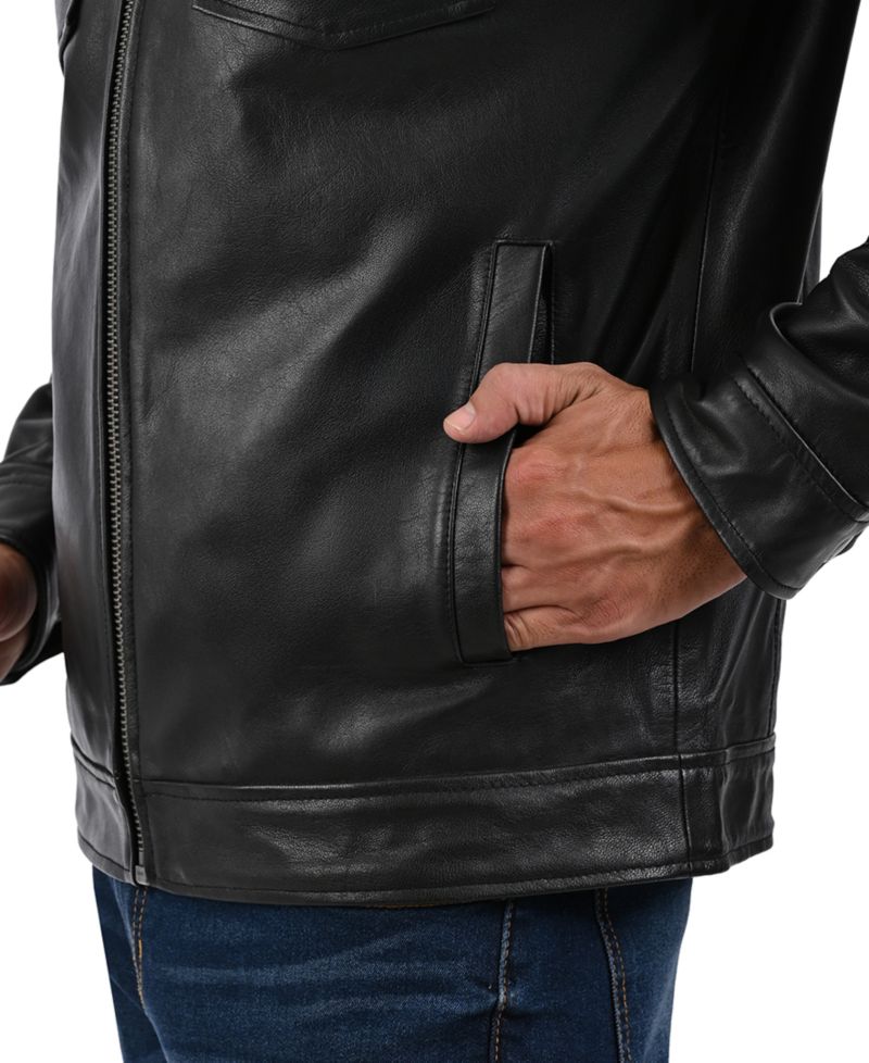 Men's Genuine Leather Regular-Fit Collared Neck Jacket