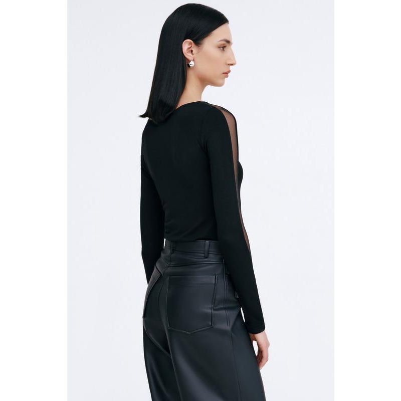 Women's Illa Boat-Neck Fitted Jersey Top with Sheer Mesh Sleeves