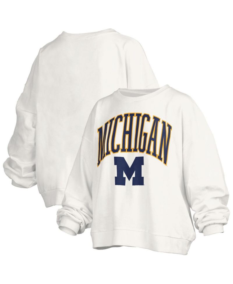 Women's White Michigan Wolverines Janise Arch Over Logo Waist Length Oversized Pullover Sweatshirt