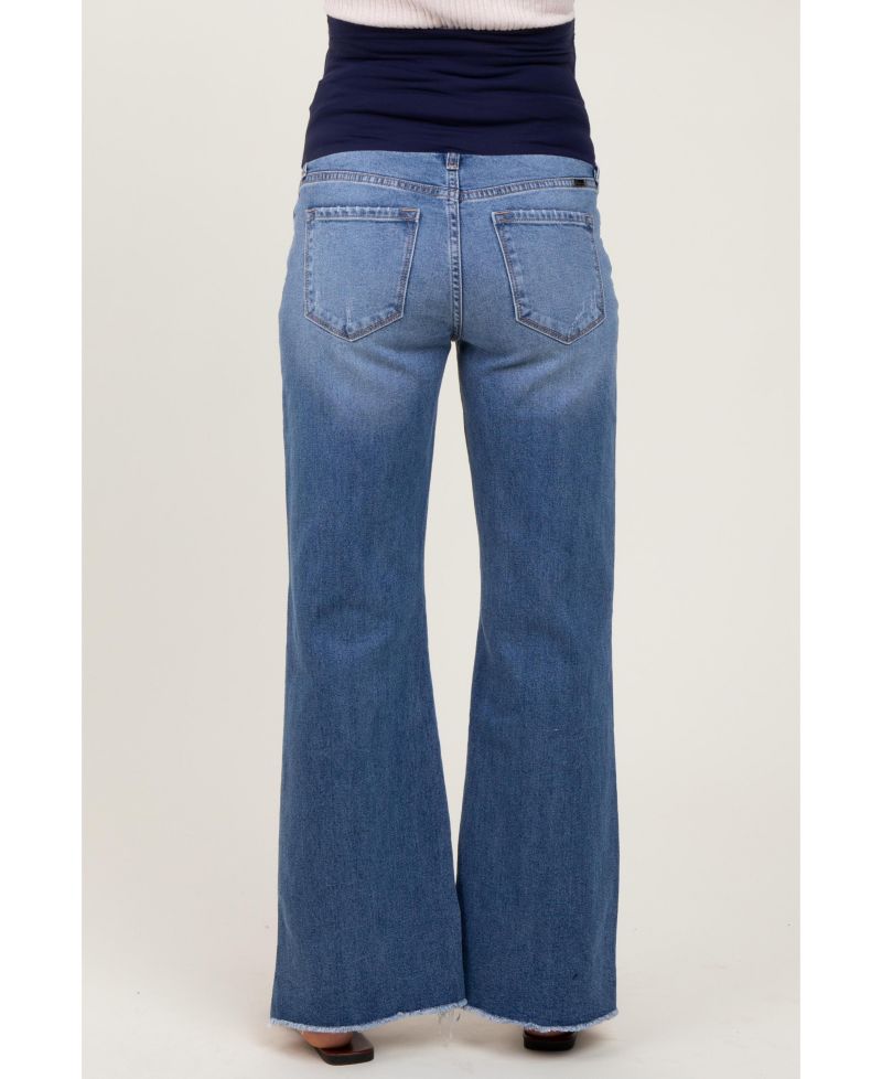 Women's Blue Distressed Fringe Hi-Lo Hem Cropped Flare Jeans