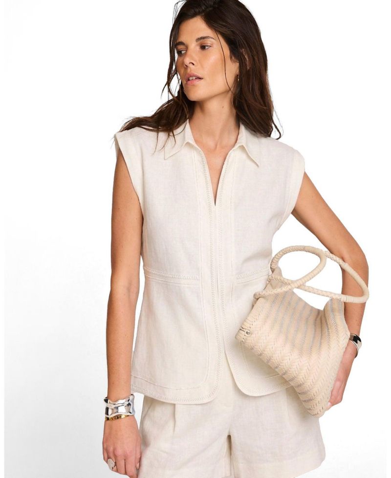 Women's Sleeveless Collared Pocket Linen Blouse