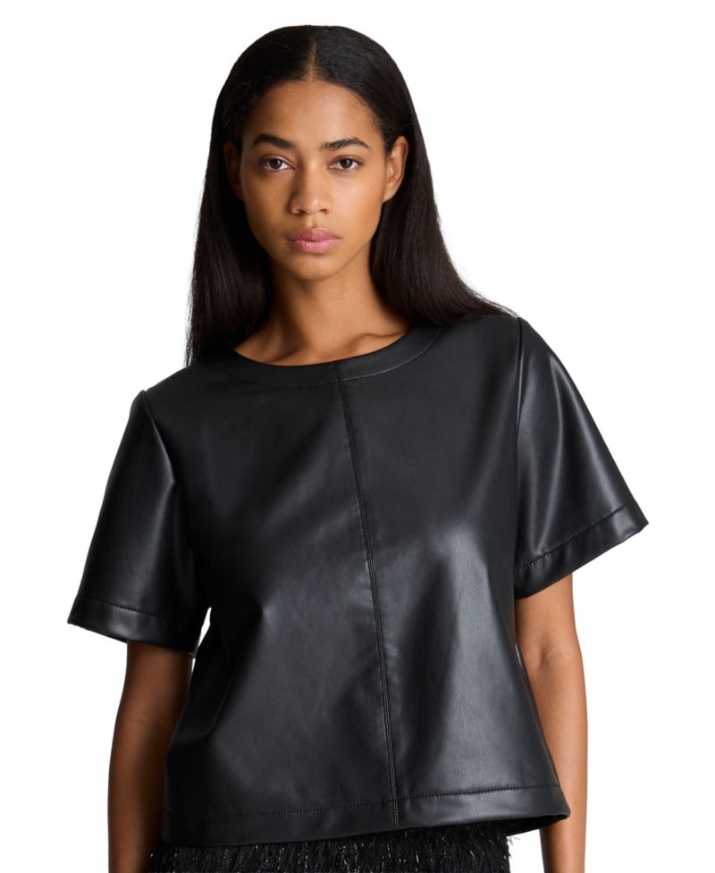 Women's Faux Leather Short Sleeve Crop T-Shirt