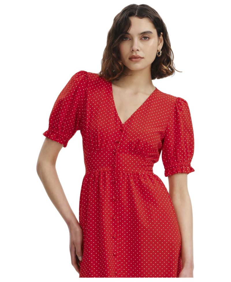 Women's Samantha Polka-Dot Short-Sleeve V-Neck Button Down Midi Dress