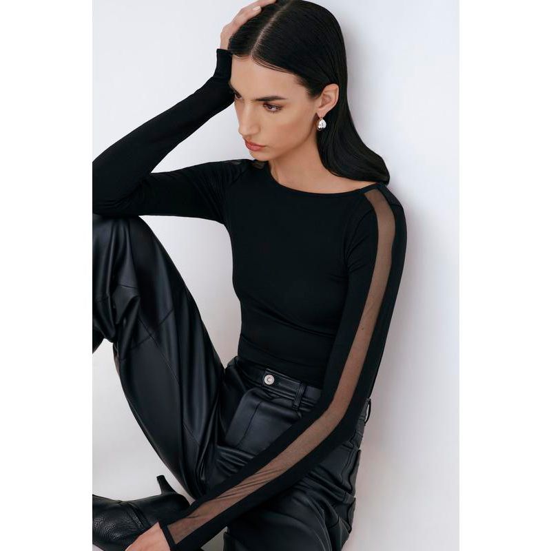Women's Illa Boat-Neck Fitted Jersey Top with Sheer Mesh Sleeves