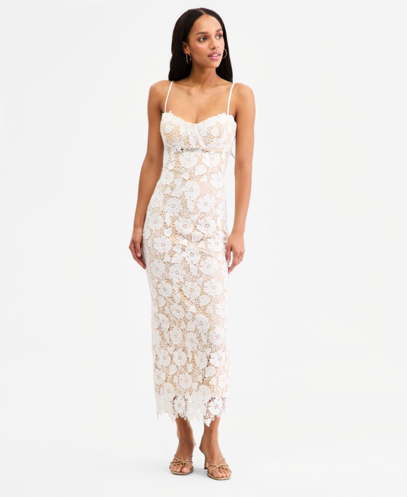 Juniors' Lace Sweetheart-Neck Lace-Up-Back Midi Dress