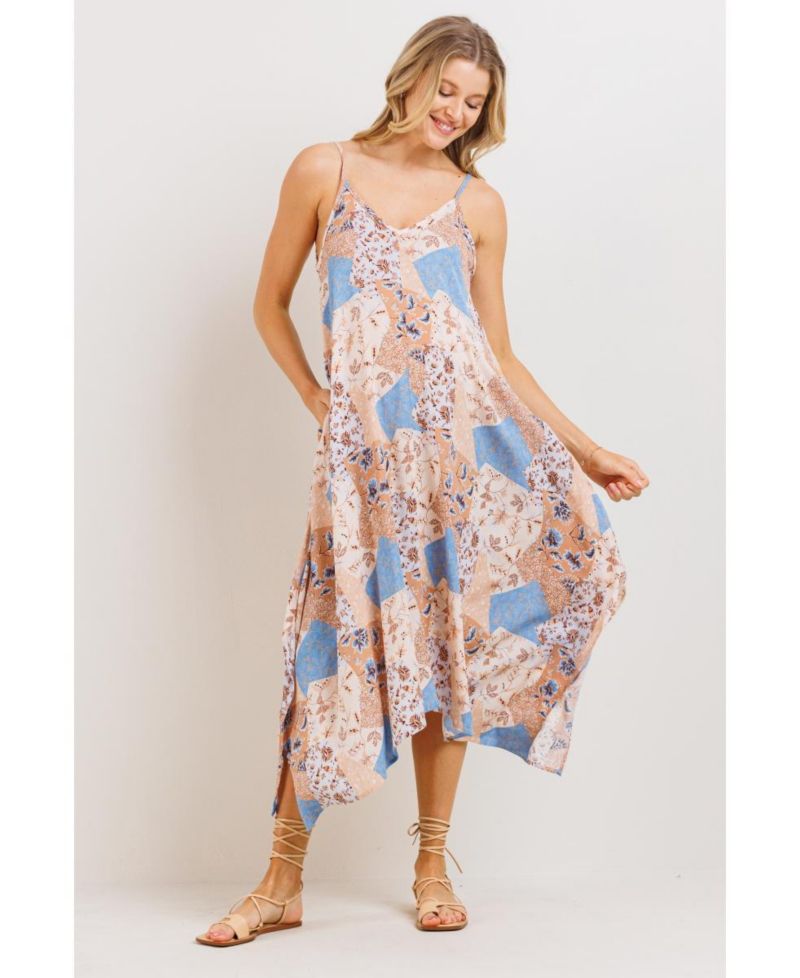 Women's Floral Midi Dress with Spaghetti Strap and Pockets