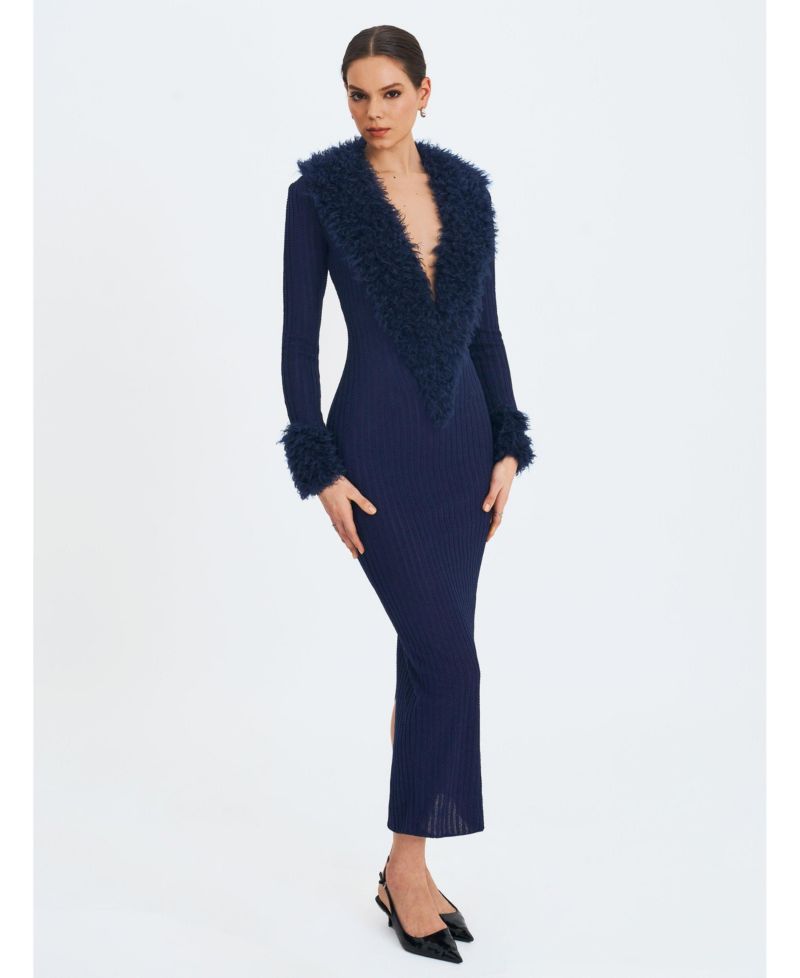 Women's Romina Plunging Faux Fur Trimmed Crochet Maxi Dress