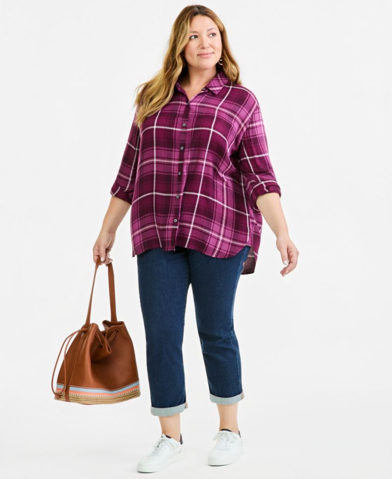 Plus Plaid Oversized Roll-Tab Button-Front Shirt