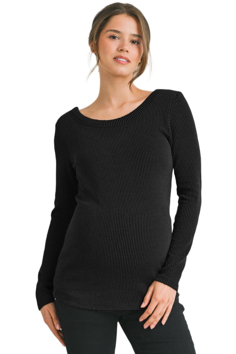 Maternity Scoop Neck Long Sleeve Ribbed Top