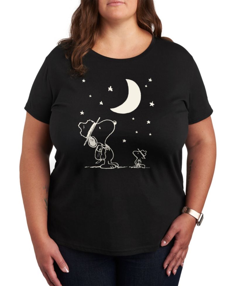 Trendy Plus Size Peanuts Snoopy & Woodstock Moon and Stars Graphic T-Shirt