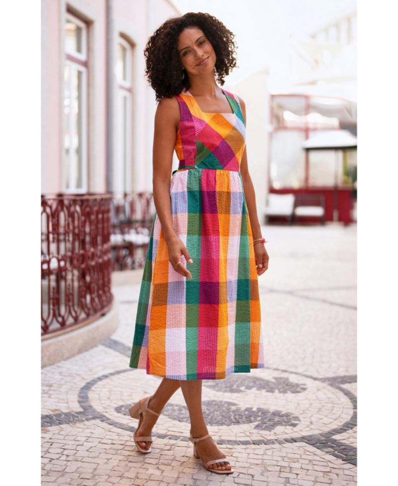 Women's Seersucker Cotton Midi Sun Dress