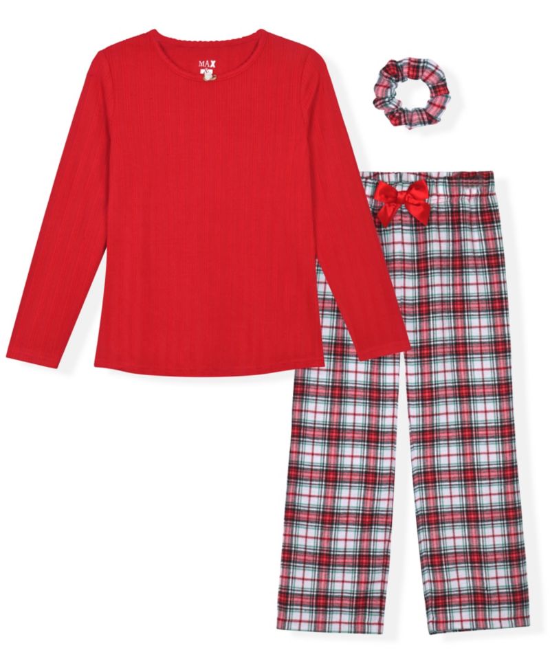 Girls' 5-16 Long-Sleeve Crewneck Plaid Pajama and Scrunchie, 3-Piece Set