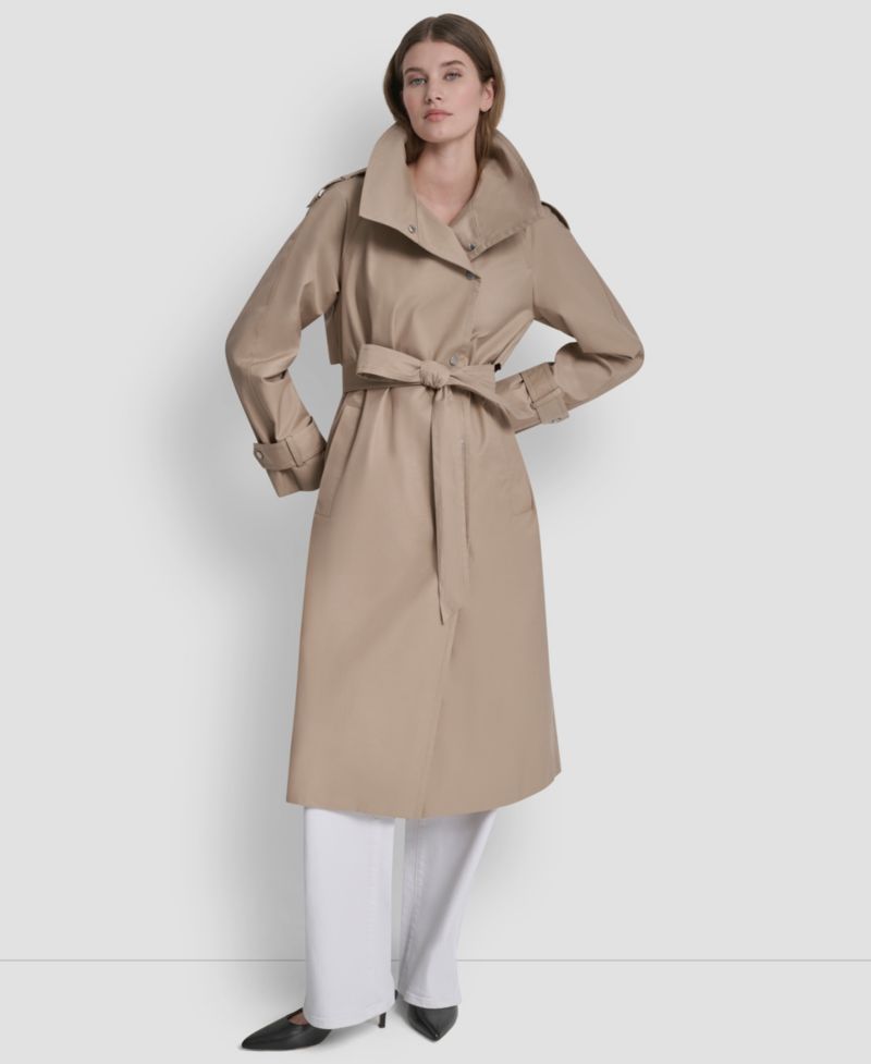 Women's Belted Funnel Collar Long Trench Coat