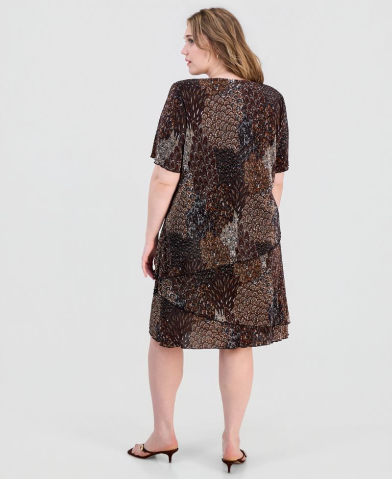 Plus Size Printed Pleated Asymmetric Tiered Sheath Dress