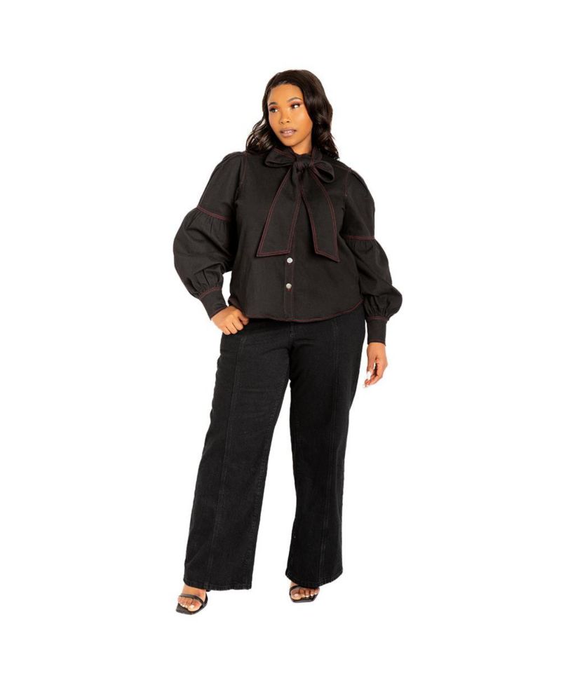 Women's Plus Size Bow Neck Puff Sleeve Denim Blouse
