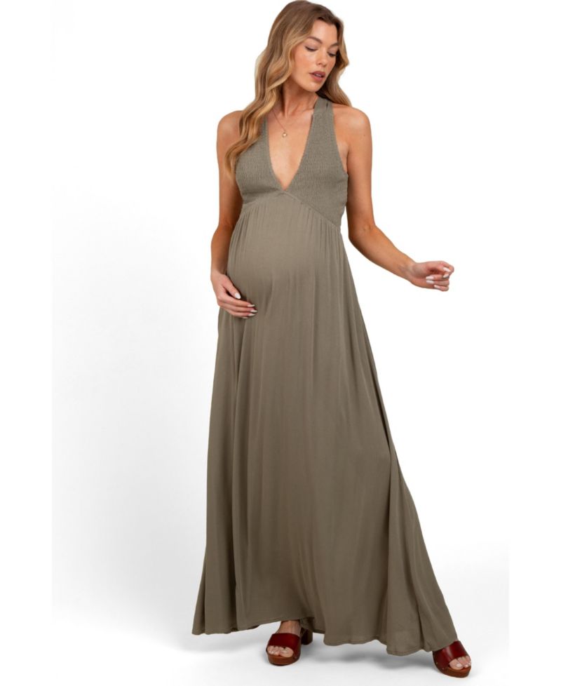Women's Olive Deep V-Neck Cross Back Maxi Dress