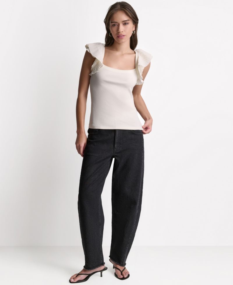 Women's Square Neck Ruffle Cap-Sleeve Top