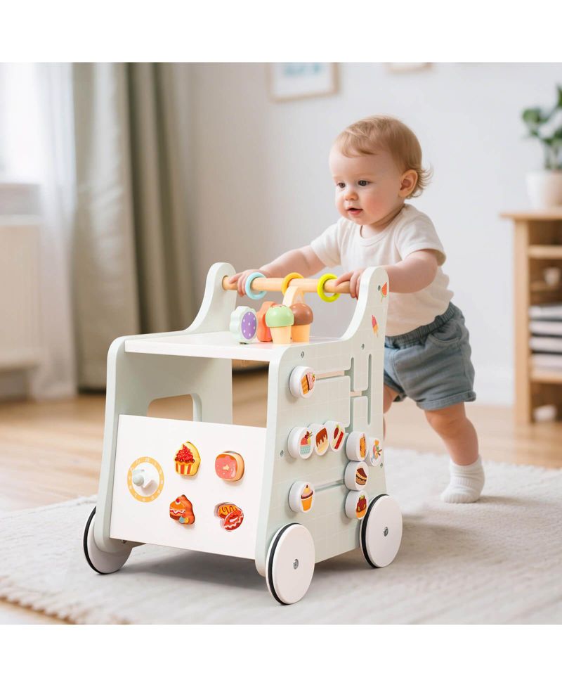 Wooden Baby Walker Ice Cream Cart Toy with Sweet Accessories & Smooth Wheels