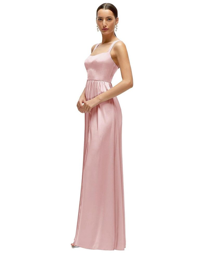 Women's Shaped Strap Portrait Neckline Fluid Satin Maxi Dress with Full Skirt