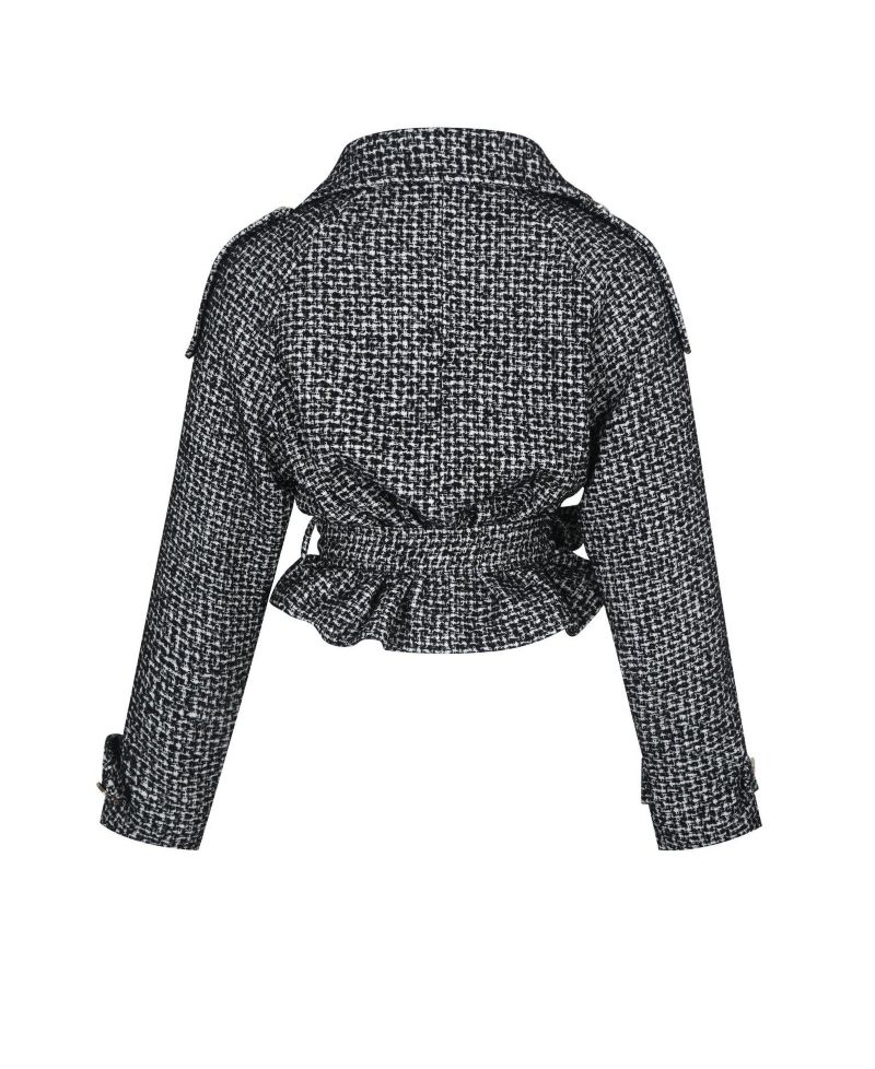 Women's Sadie Black and White Tweed High Collar Belted Mini Jacket