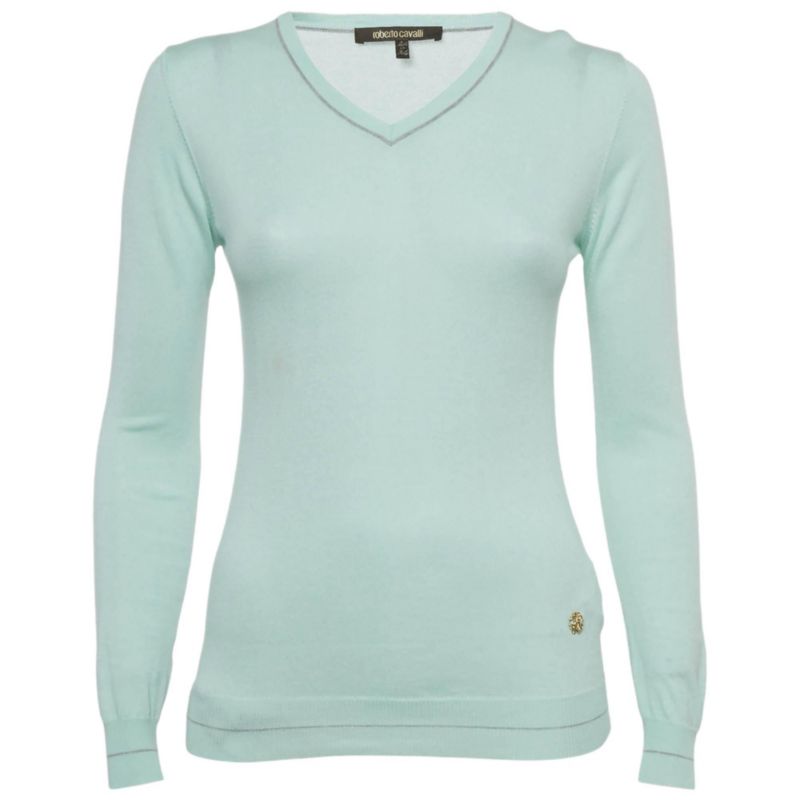 Women's Blue Cotton Knit V-Neck Sweater