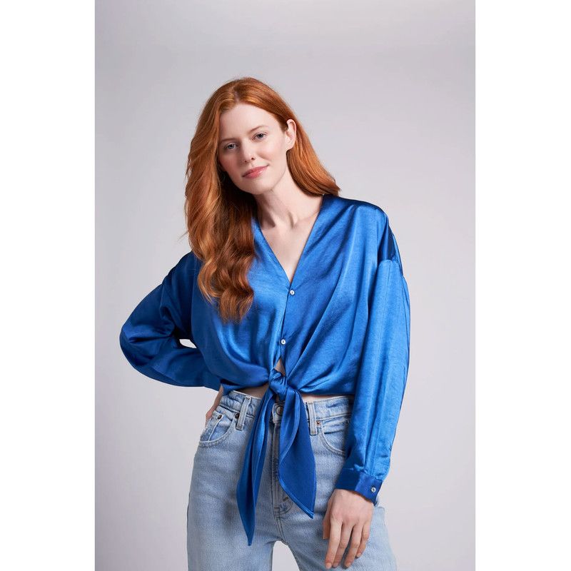 Women's Emma Oversized Crinkled Satin Button and Tie Front Cropped Blouse