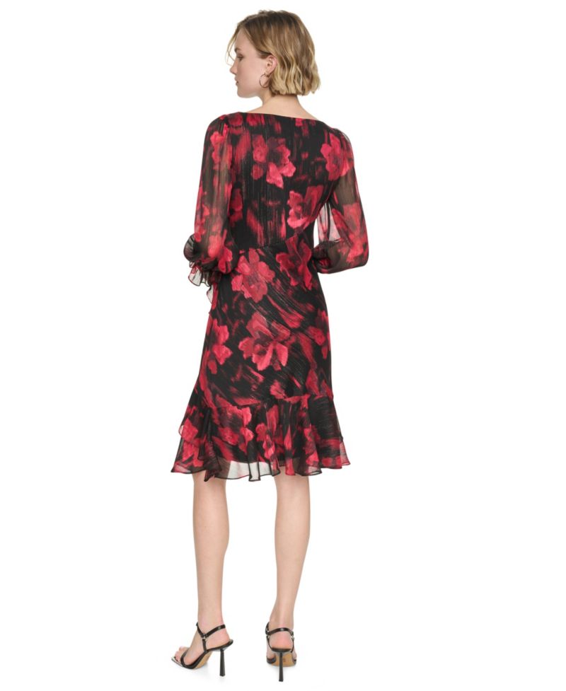 Petite Boat-Neck Long-Sleeve Floral-Print Dress