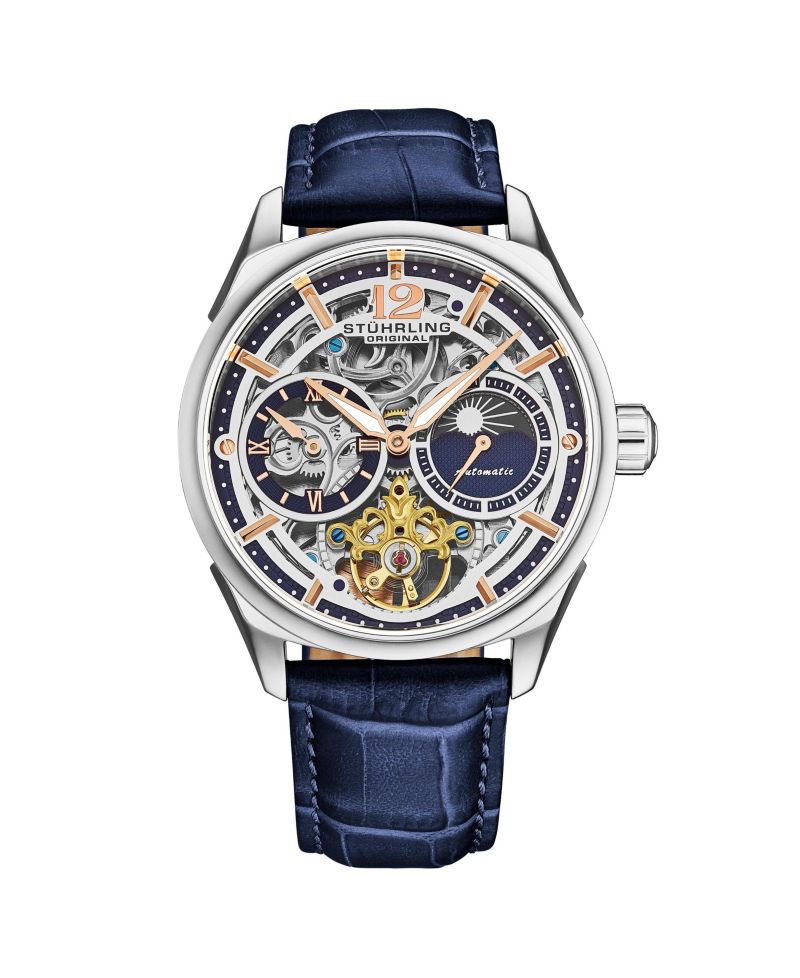Vanguard 1019.02 Legacy Collection Dual Time Automatic Skeleton Watch 42mm Stainless Steel Blue Dial Leather Strap