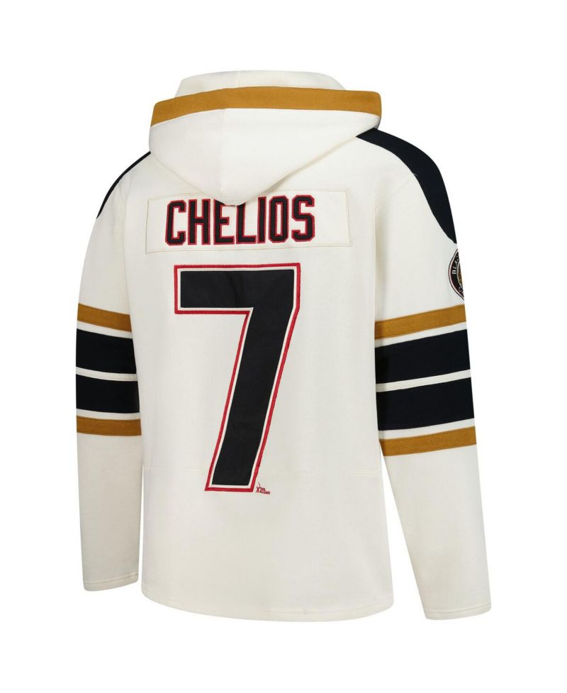 Men's Chris Chelios Cream Chicago Blackhawks Blue Line Heritage Name & Number Lace-Up Pullover Hoodie
