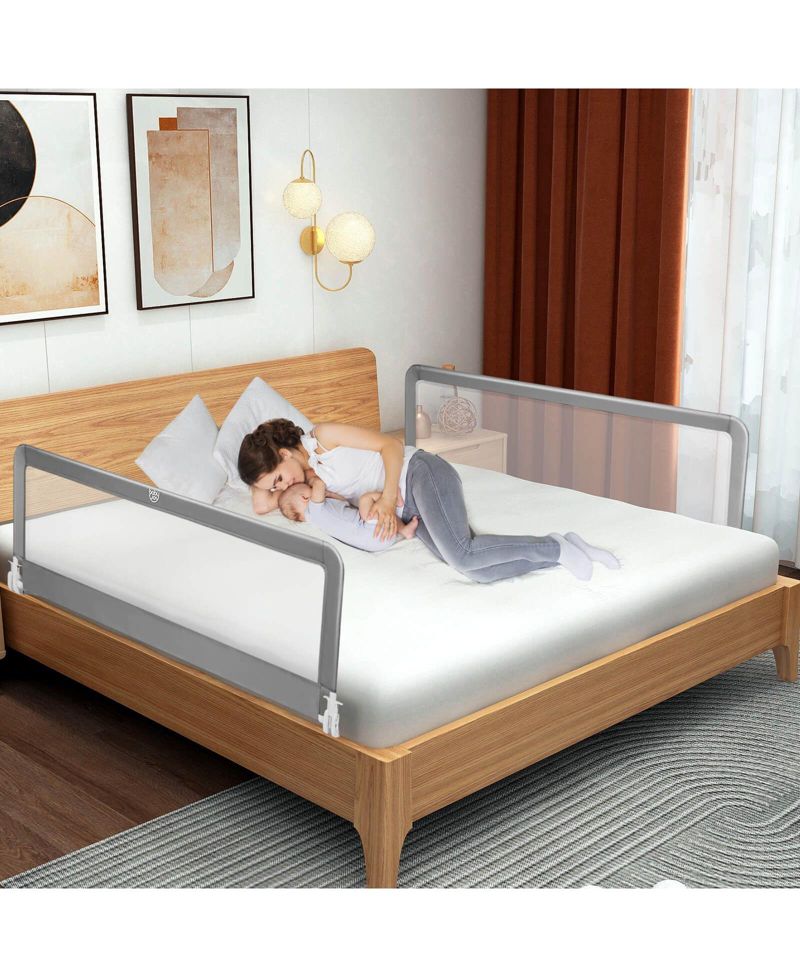 59 Inch Toddler Bed Rail with Safety Strap and Fold Down Mesh Guard